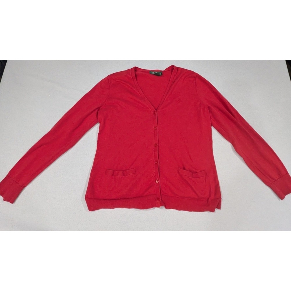 Lauren Ralph Lauren Cardigan Women XL Red Excellent Cotton V-Neck Button Front